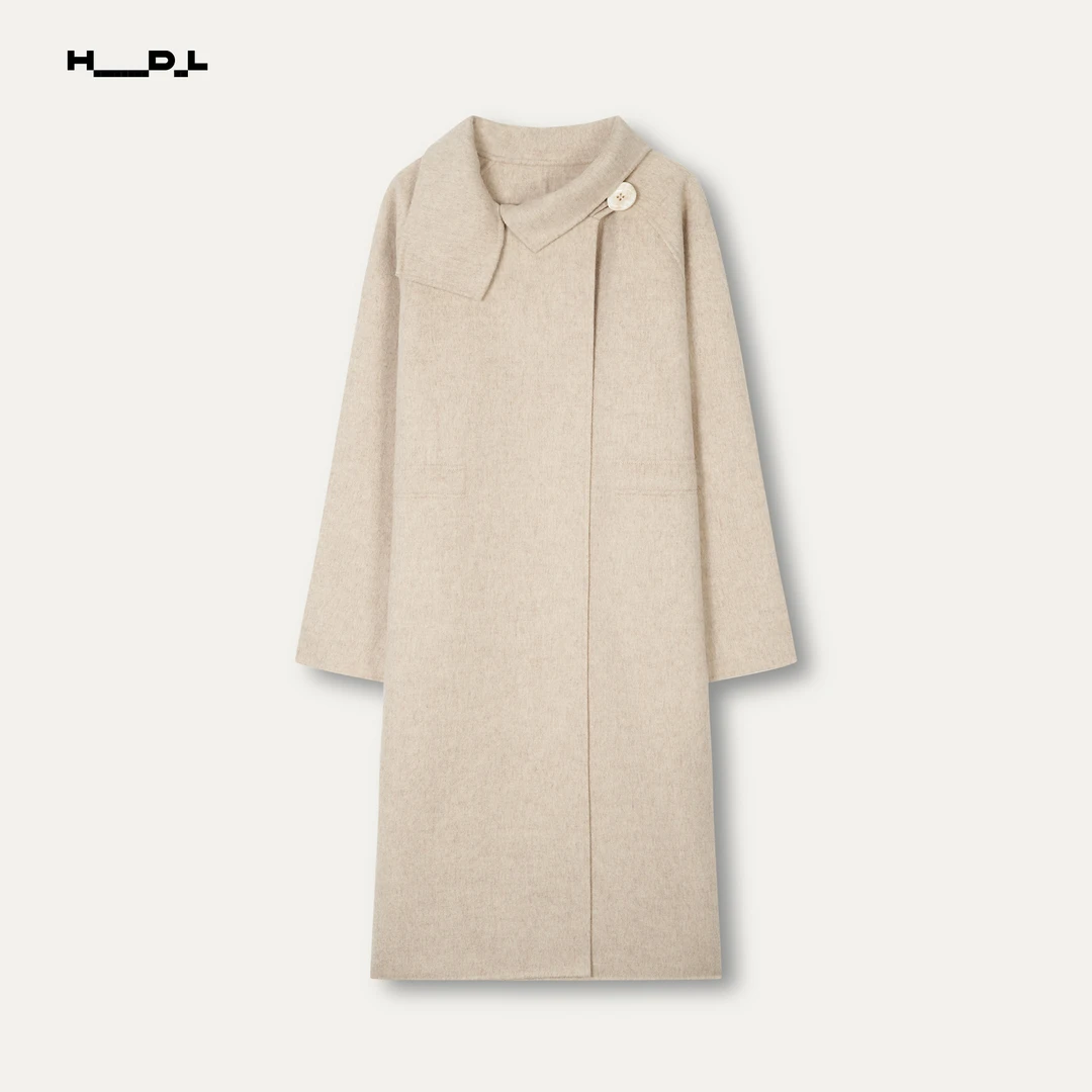HDL CONFIADO·米白色羊毛羊驼不对称翻领双面呢长款大衣