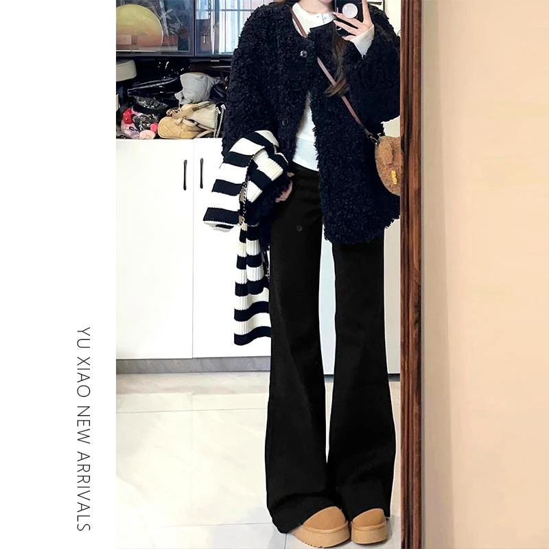 黑色弹力微喇牛仔裤女秋冬加绒胖梨形穿搭高女女款大码工装裤