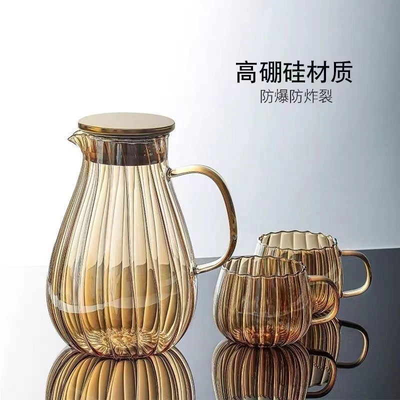 高档加厚不锈钢盖轻奢家用大容量高硼硅玻璃耐热竖条纹凉水壶