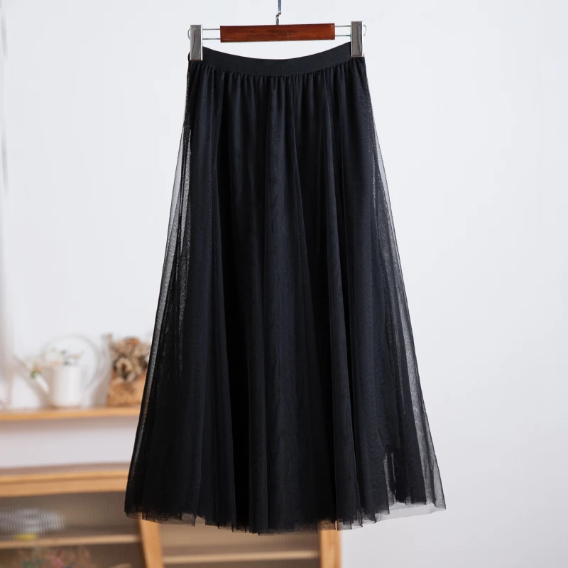 【本利来】简约文艺高腰中长A字裙三层纱四季百搭6177