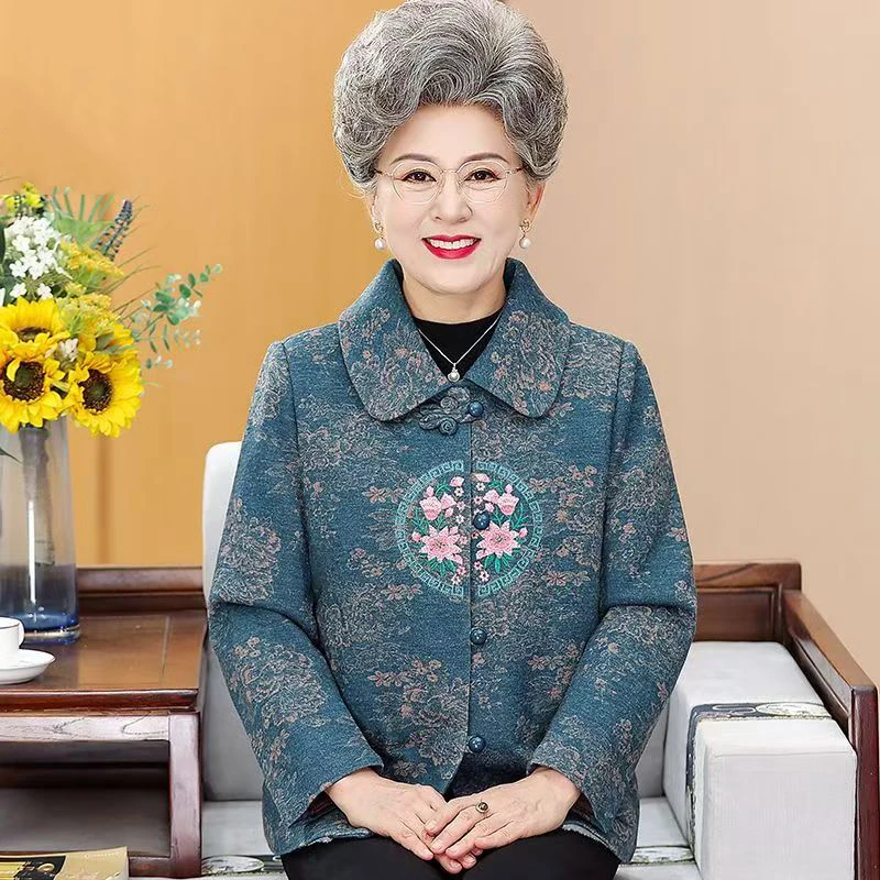 7998中老年人春秋外套女奶奶妈妈装宽松刺绣送长辈上衣
