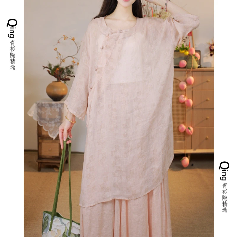 6644苎麻新中式茶服长裙中国风女装优雅日常通勤斜襟改良连衣裙