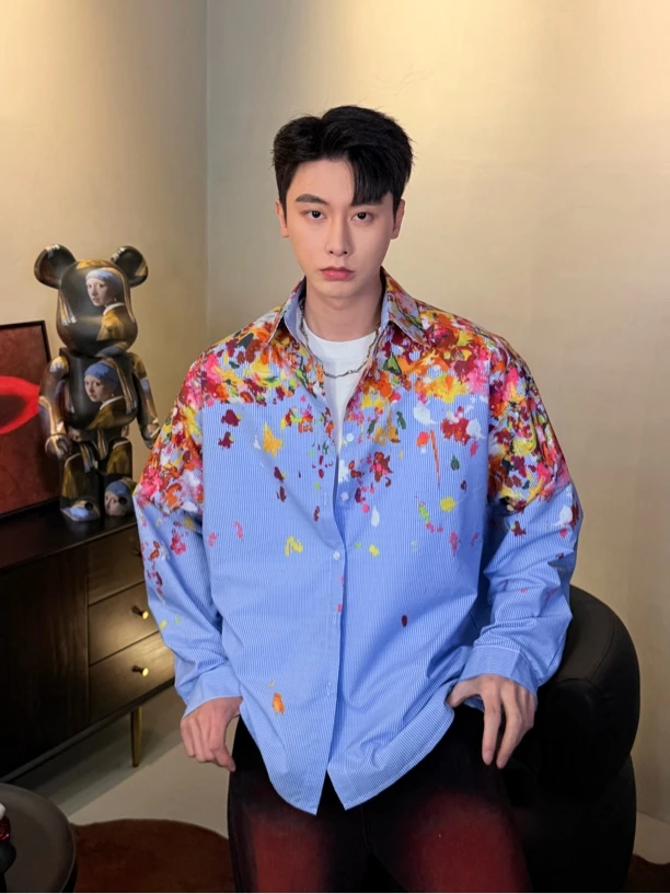 FR【花花衬衫】趣味卡通印花美式复古宽松休闲男女衬衣长袖衬衫