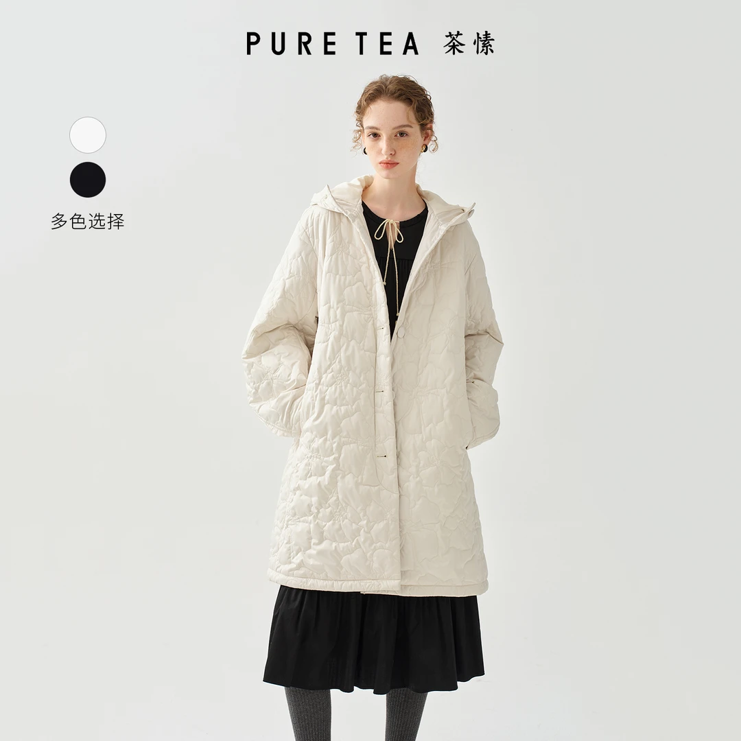 【轻暖廓型】茶愫宽松连帽不规则花朵绗缝长款棉服秋新KW0404D41