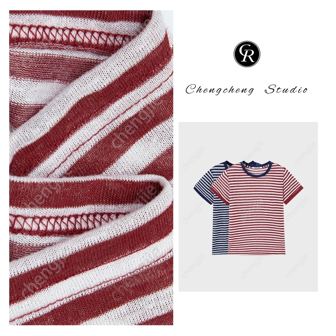 RAIN.CUN【简逸】2025夏季新款圆领经典条纹短袖简约宽松T恤11683