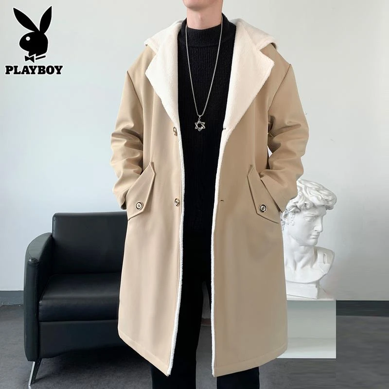花花公子秋冬季男士风衣中长款英伦风潮流宽松单排扣大衣外套男装