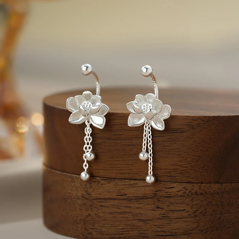 足银耳饰 [银喜生]轻奢气质荷花耳饰