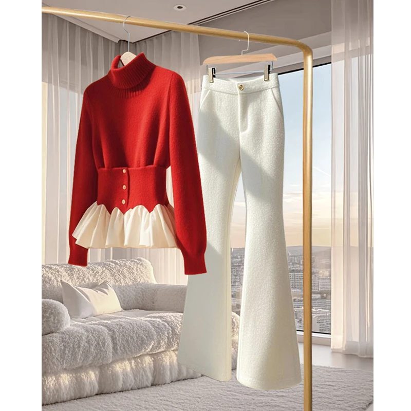 2024冬季时尚洋气圣诞穿搭小香风套装红色毛衣+休闲裤两件套女装