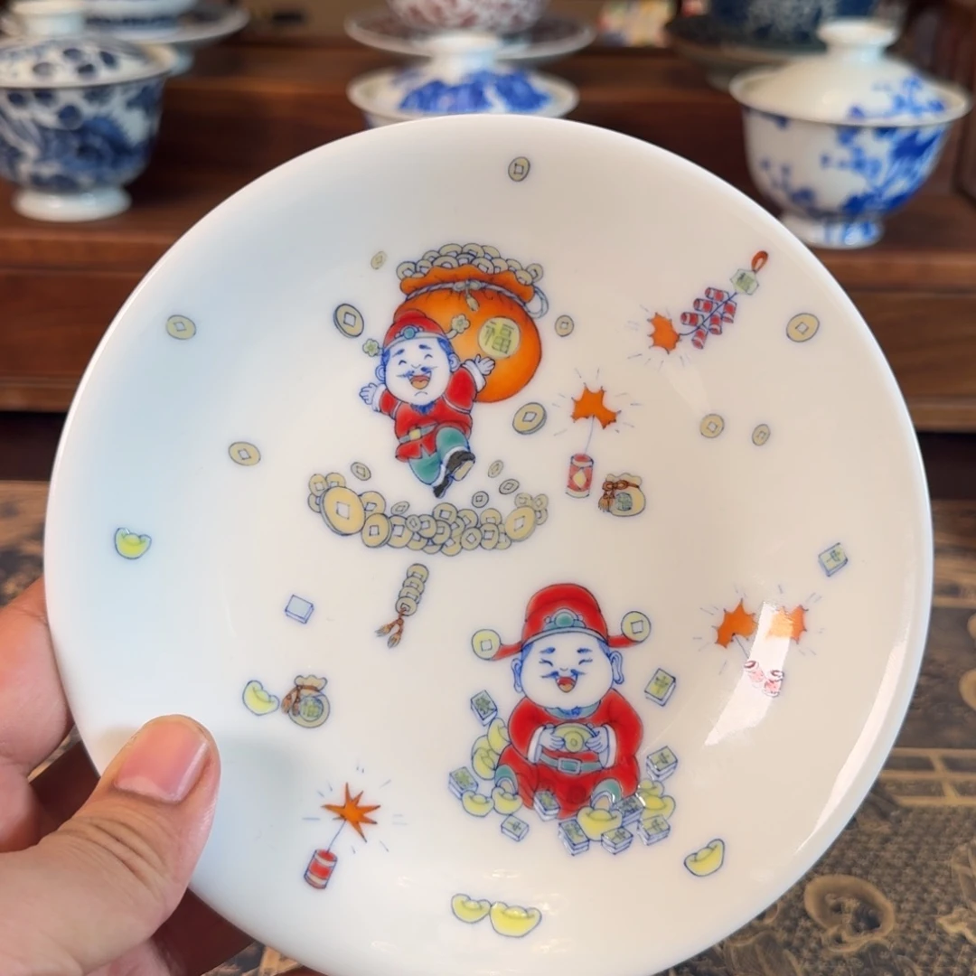 景德镇全手工手绘斗彩财神壶承、赏盘