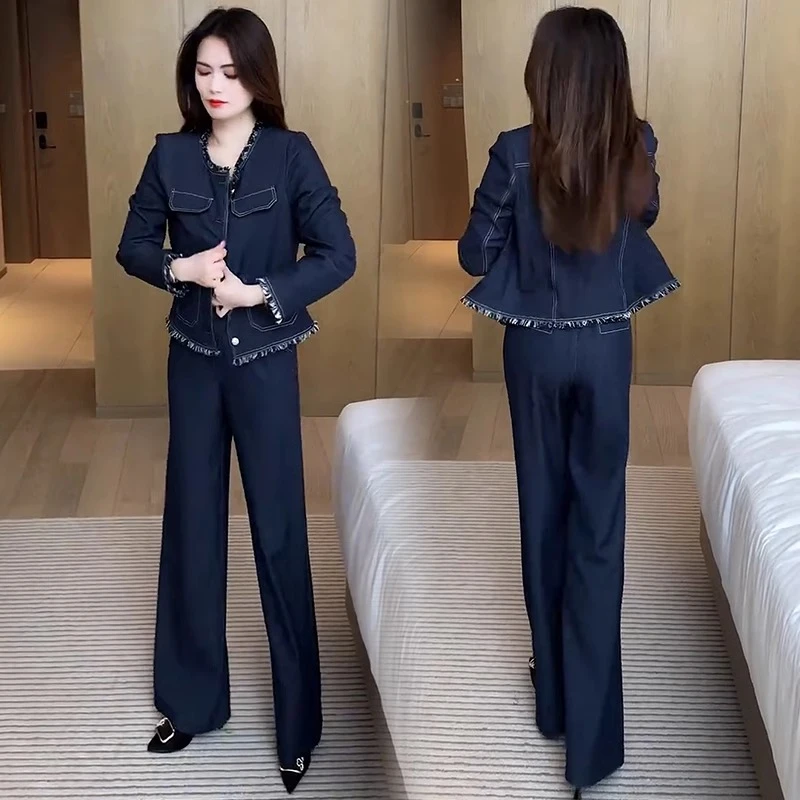 时尚牛仔套装女2025春季新款时髦洋气质短款外套阔腿裤休闲两件套
