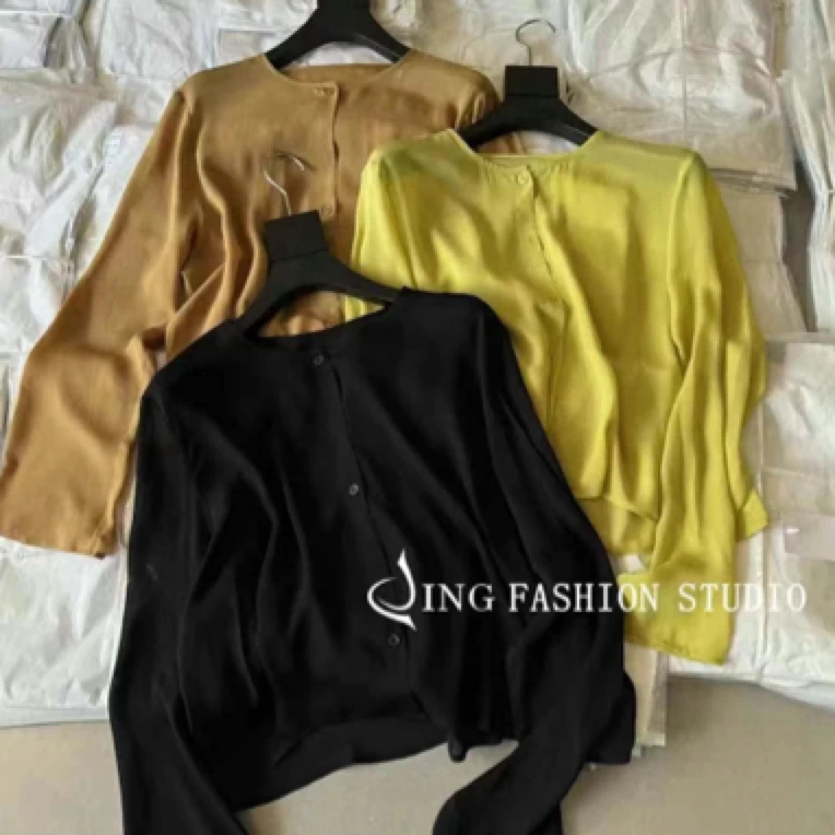 ins打底衫女士纯色长袖宽松型开衫圆领设计师上衣