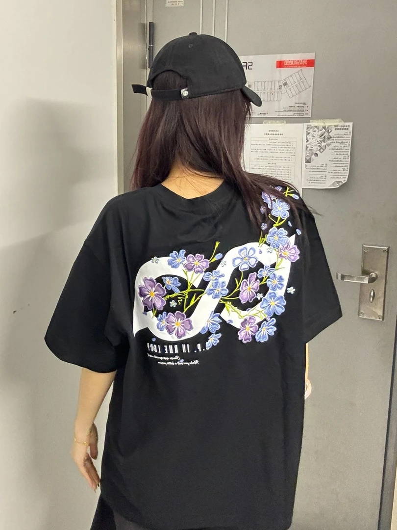 美式衣服刺绣短袖T恤男女同款植物花卉图案宽松圆领半袖上衣服