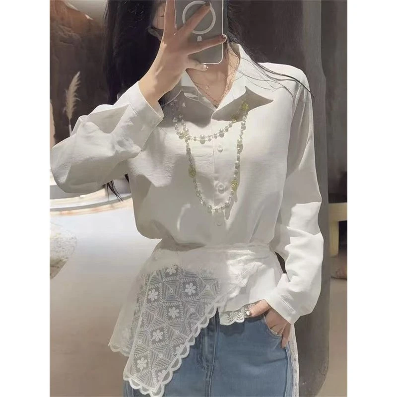 C-8923春季新款设计感法式时尚蕾丝叠穿百搭衬衫