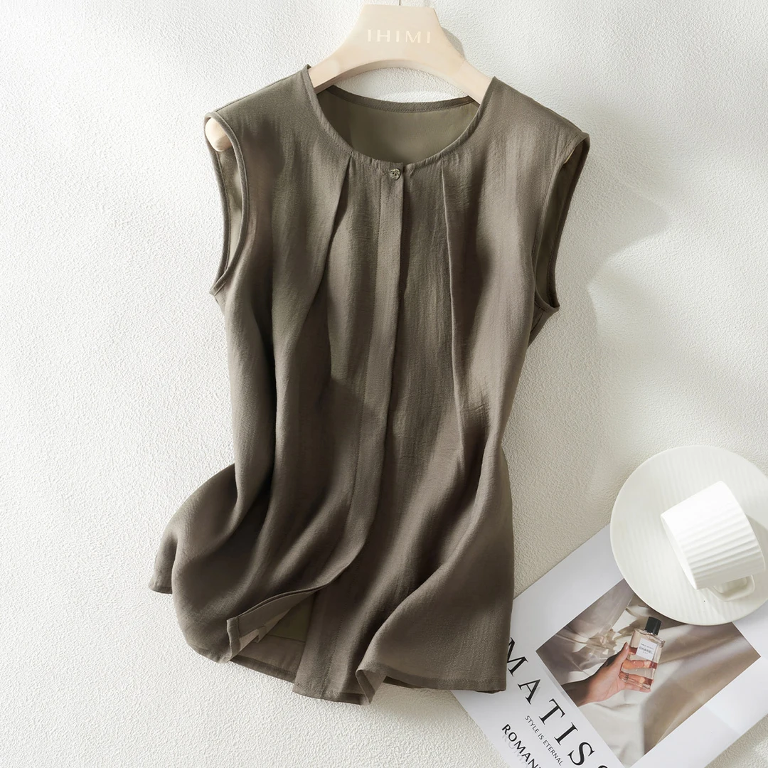IHIMI 2025夏季新款女装时髦简约气质通勤褶皱无袖圆领衬衫5129