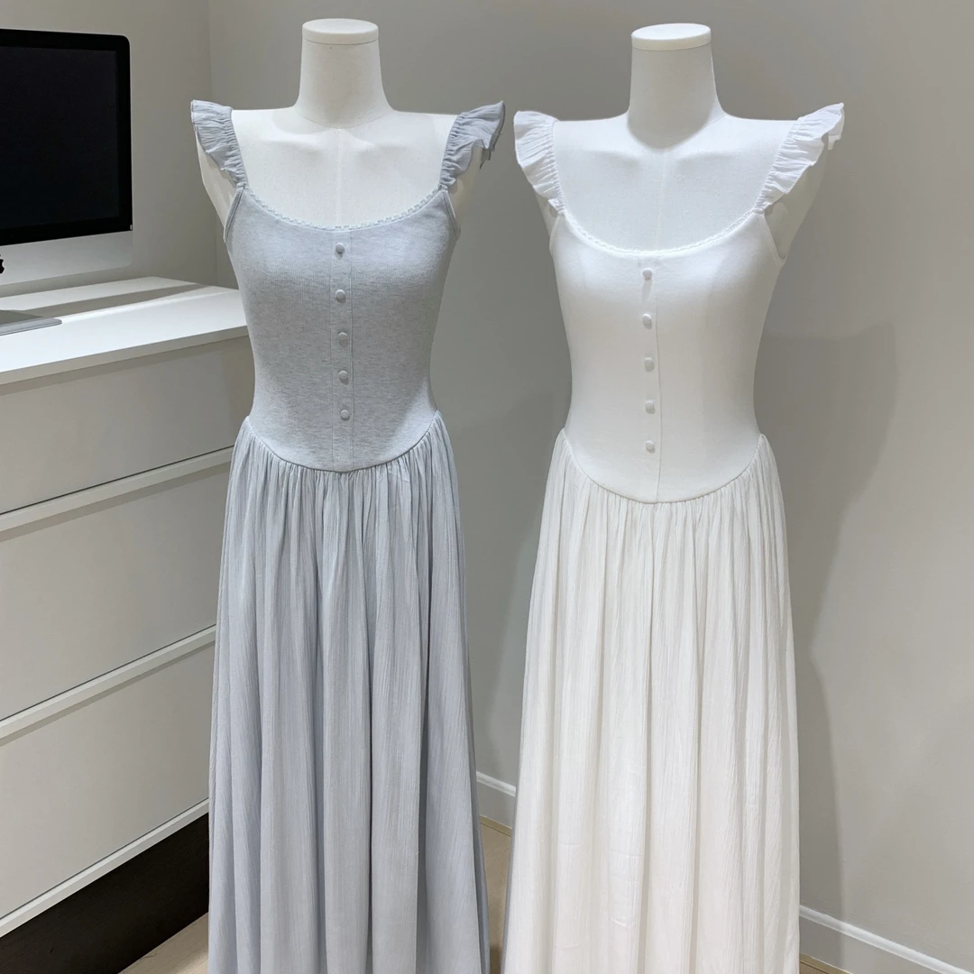 韩系气质吊带连衣裙女2025夏季新款收腰显瘦修身小飞袖A字长裙子