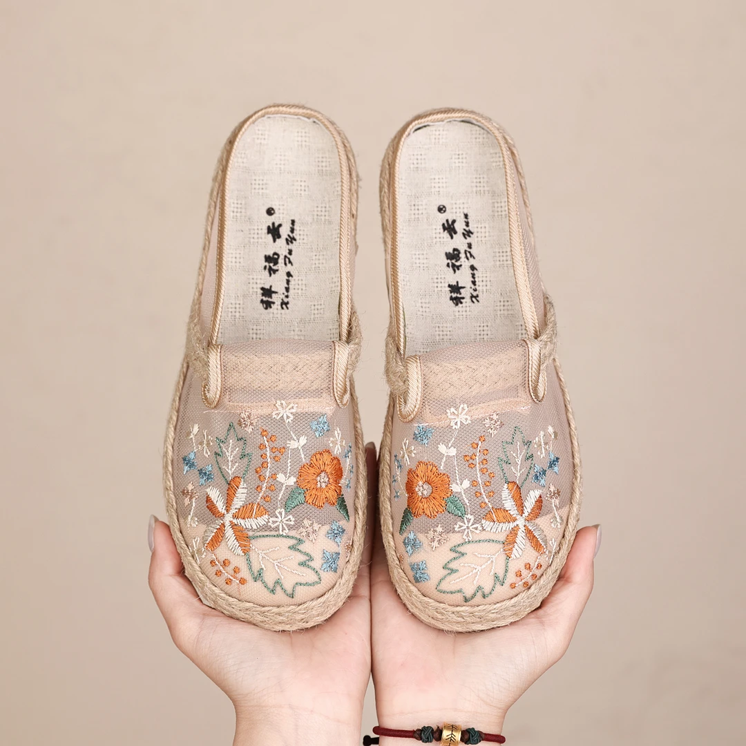 夏季一脚蹬网面刺绣民族风软底透气舒适防滑平底女拖鞋鞋子