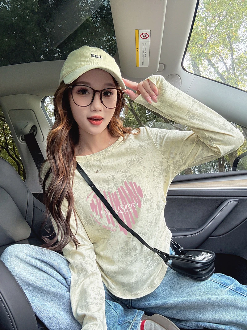 重工扎染褶皱设计感T恤女早秋新款修身显瘦不规则长袖打底衫上衣