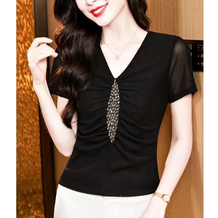 时尚烫钻褶皱V领网纱短袖T恤女士夏装新款高级感修身显瘦洋气上衣