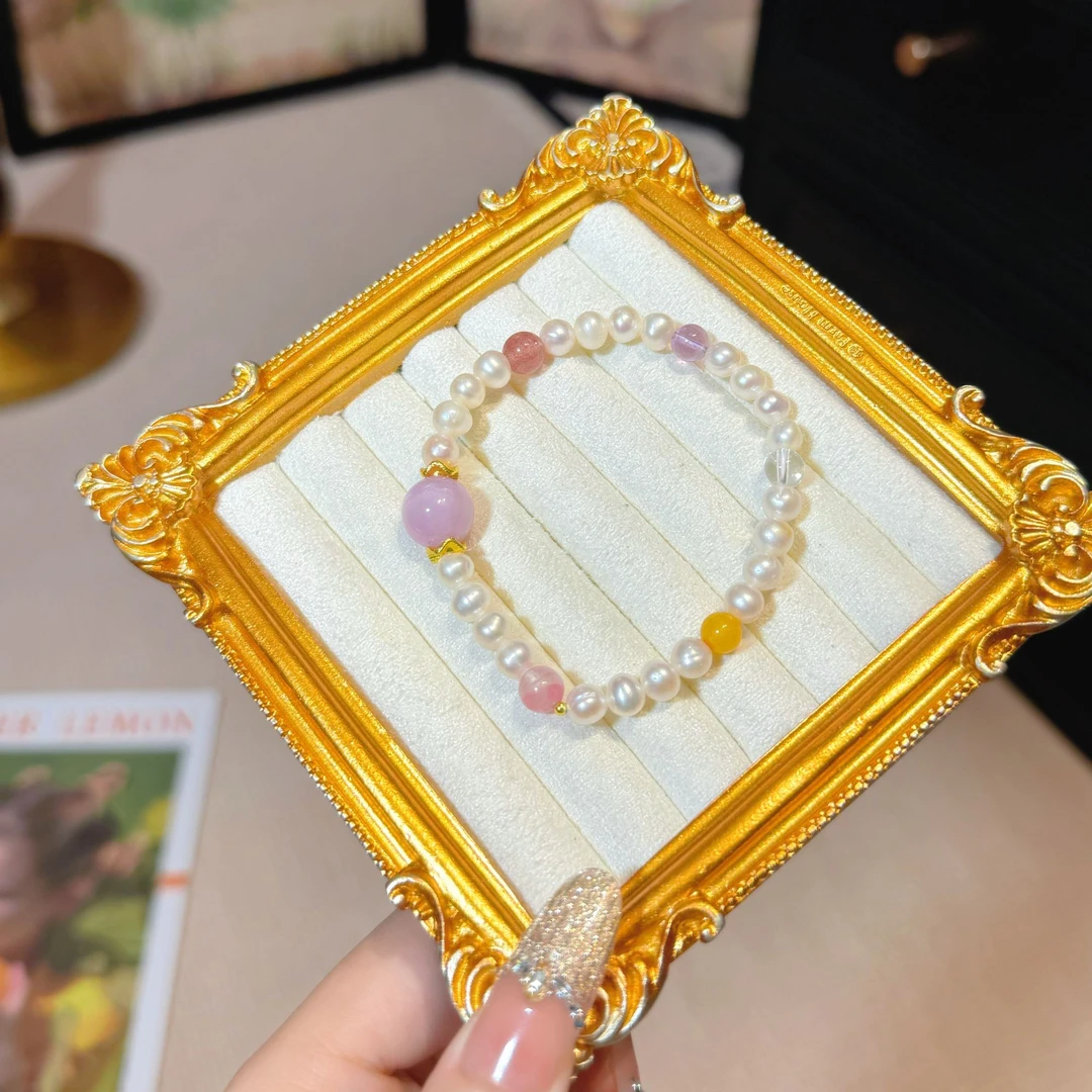 【小圆满】天然淡水珍珠+紫、黄水晶+紫锂辉+蔷薇辉手串 多样性发一