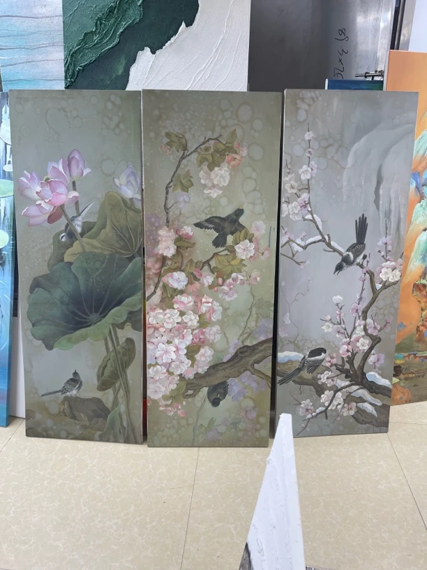 新中式古风梅兰荷三联画客厅书房装饰画墙壁挂画