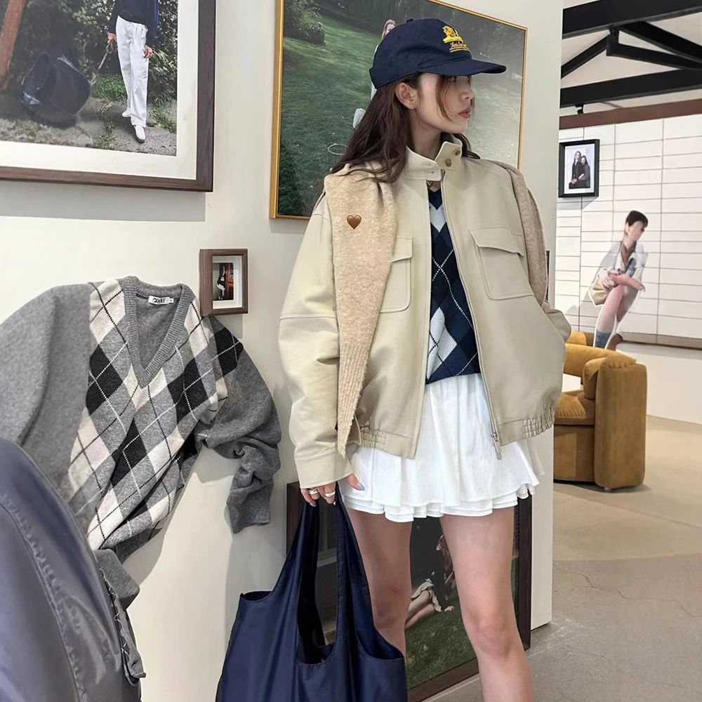 韩货-东大门秋季工装风纯色宽松百搭休闲立领夹克外套