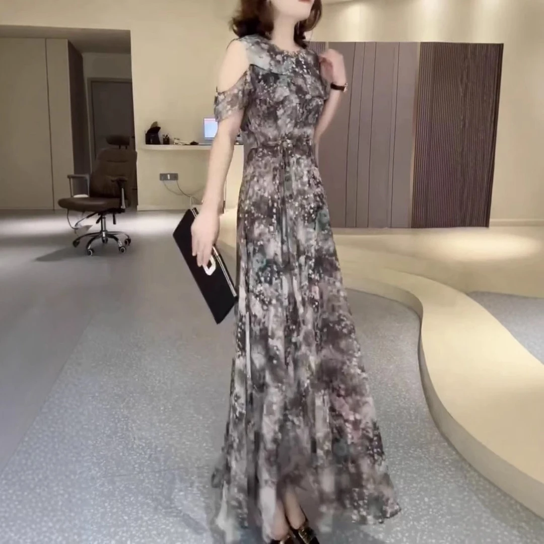 25621夏季新款法式露肩水墨印花雪纺长款显高显瘦连衣裙女款仙仙