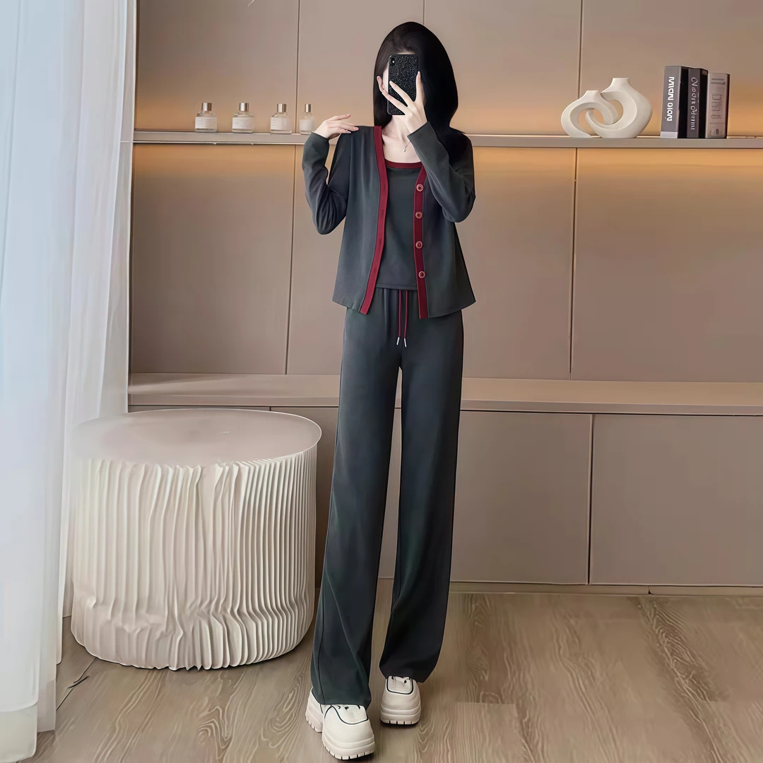 气质减龄针织开衫吊带阔腿裤三件套女秋新款时尚休闲显瘦运动套装