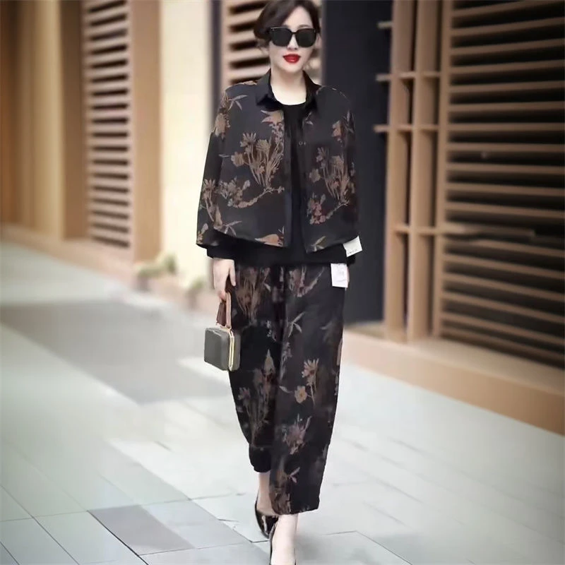 高端春秋宽松大码国风短款200斤气质开衫上衣+灯笼裤两件套装