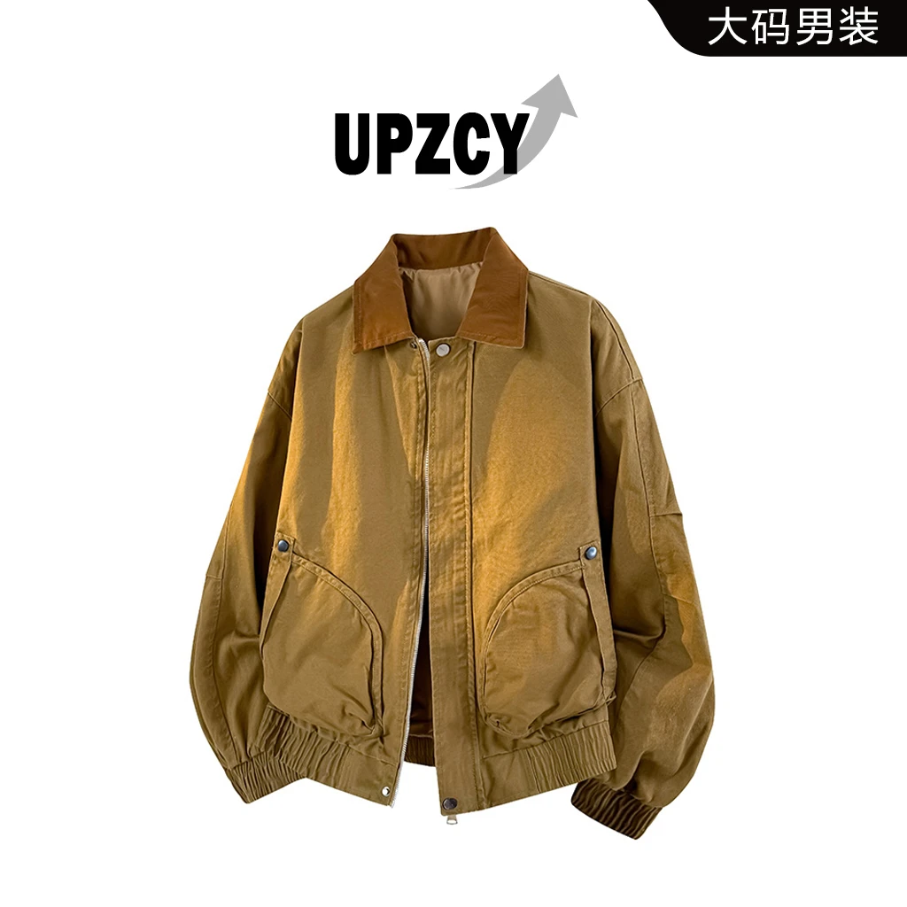 UPZCY复古大码重磅翻领夹克外套秋季男宽松休闲拼接工装帆布上衣