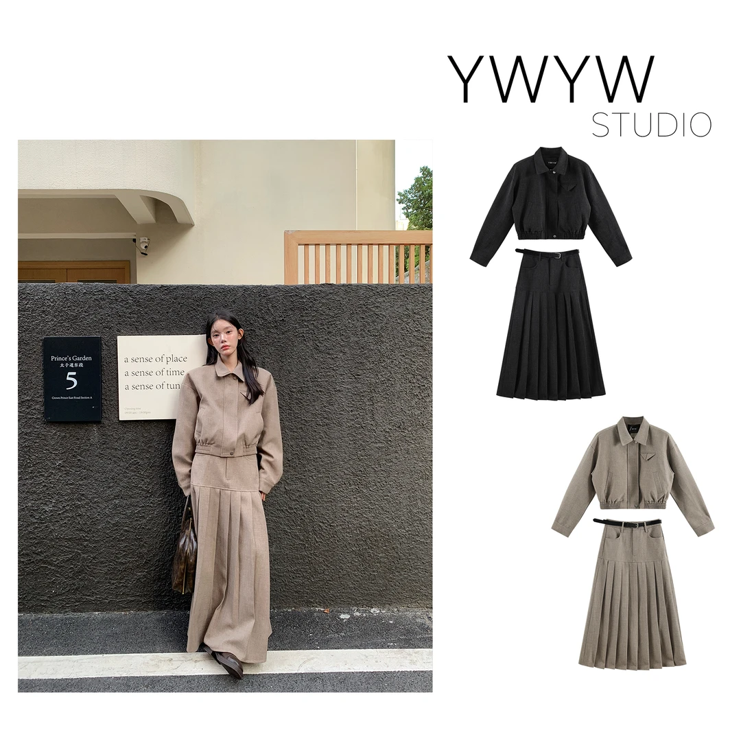 【YWYW25F/W】纯色气质翻领收腰短外套+修身百褶半身裙套装5669
