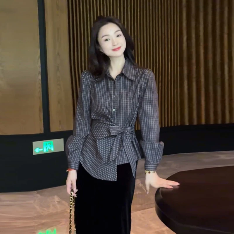 不规则收腰系带翻领长袖格子衬衫女秋季2025韩系小众减龄别致上衣