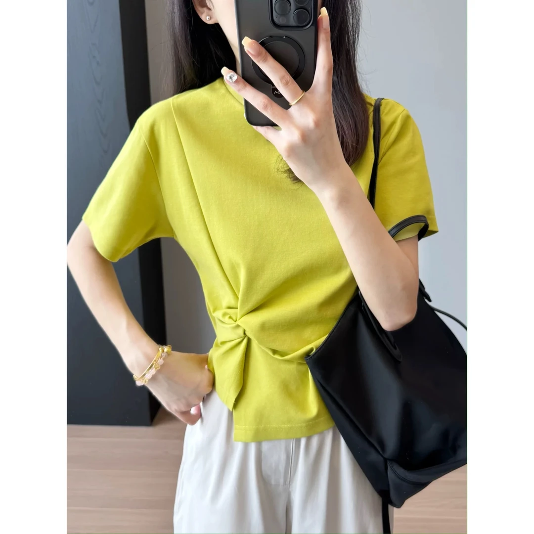 新款韩版简约时尚纯色不规则设计感T恤T5870