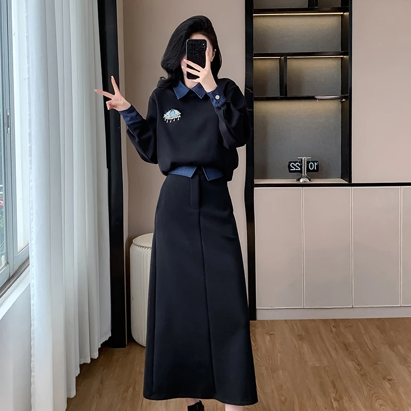 【两件套】【钻石姐专享】黑色洋气显瘦时尚长袖秋季复古套装女2209