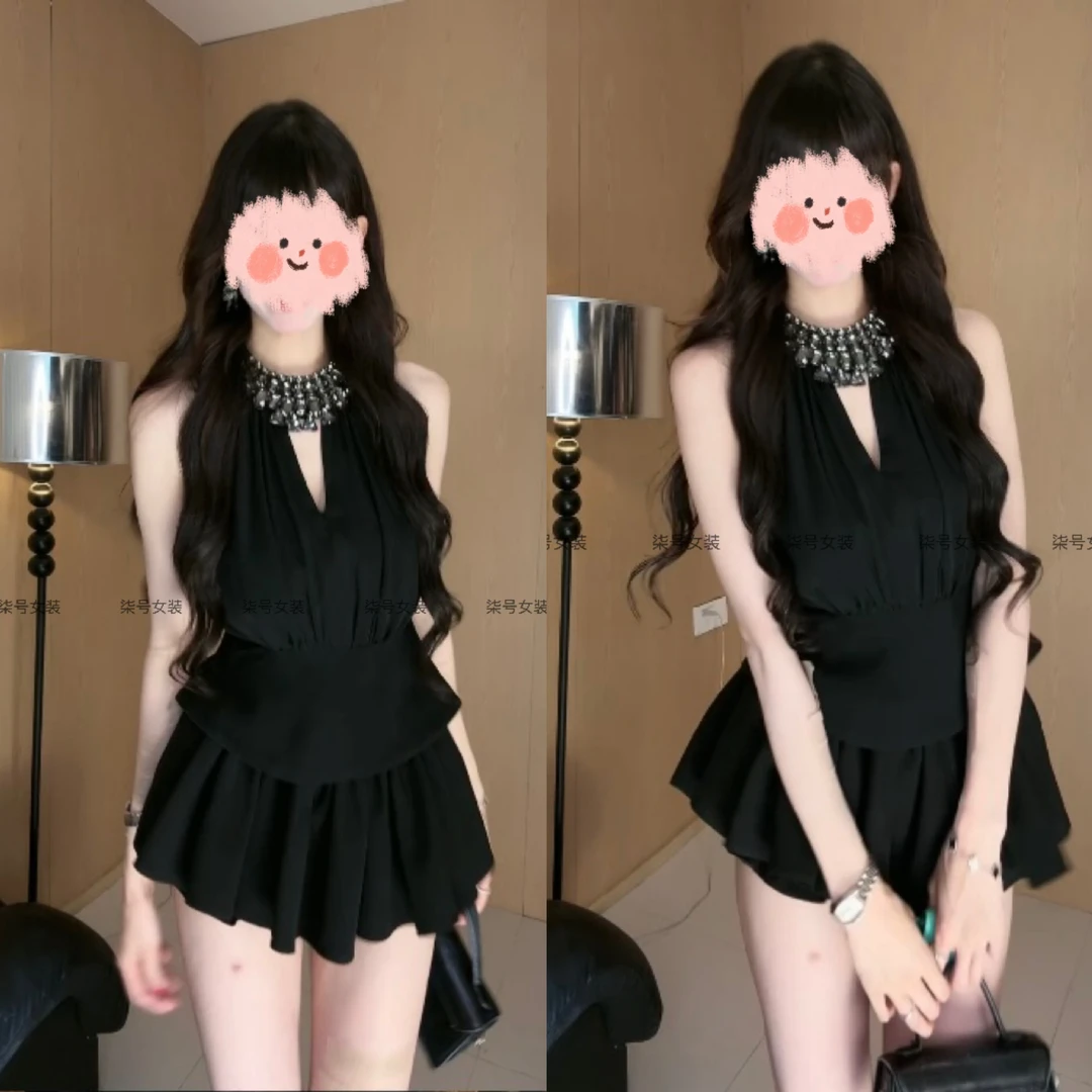 纯欲辣妹气质挂脖钉珠镂空无袖上衣裙裤女装2025夏季新款千金套装