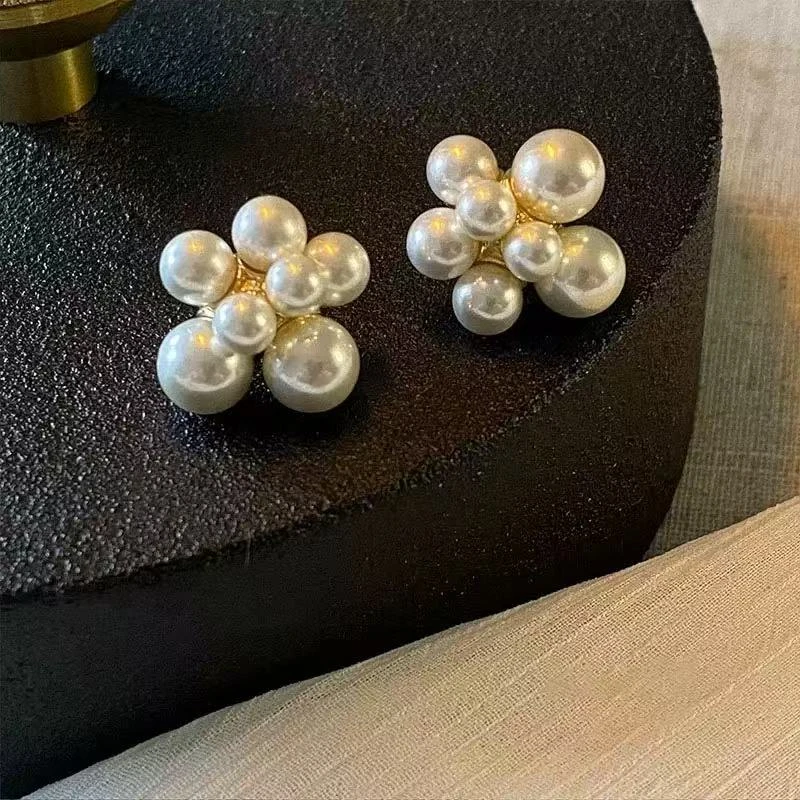 铜合金耳饰 错落珍珠烟花层次感耳环耳钉爆米花小香风耳饰