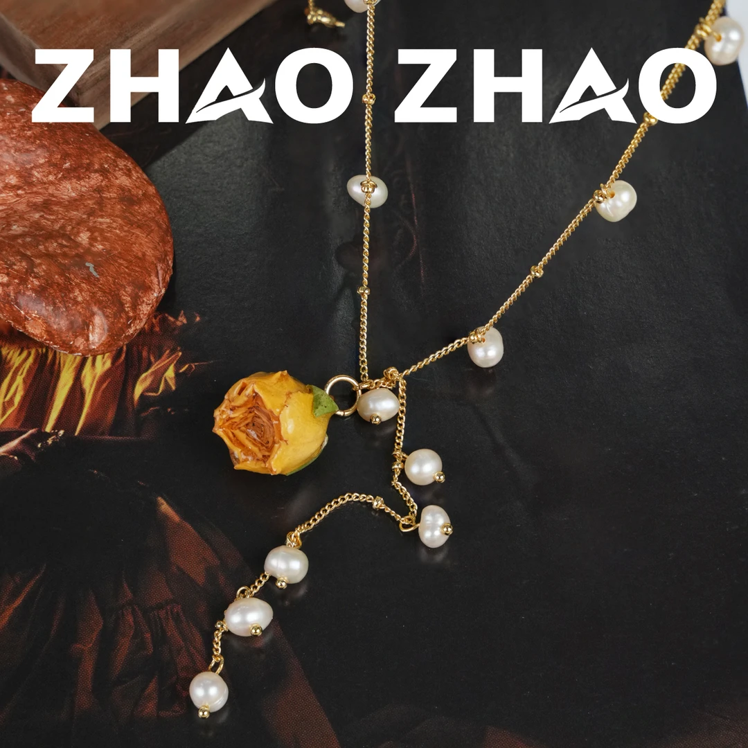 铜合金项链 「玫瑰的故事」黄玫瑰干花显白淡水款气质优雅项链