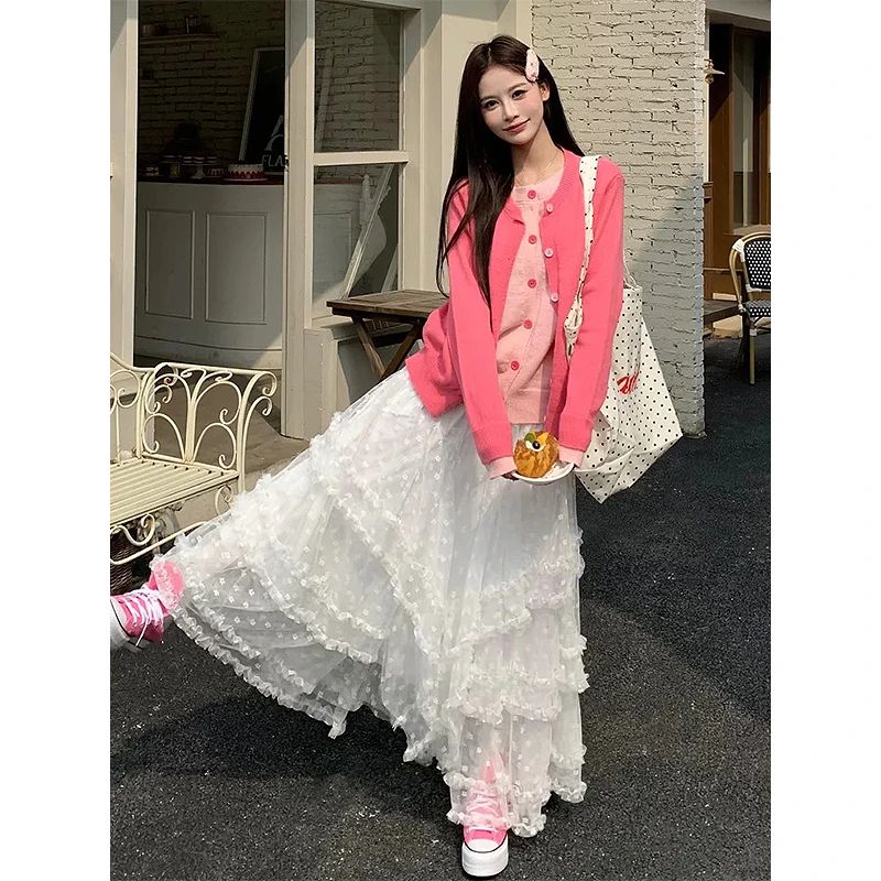 仙女白色不规则半身裙女春秋夏2025新款层次感蕾丝蛋糕裙a字纱裙