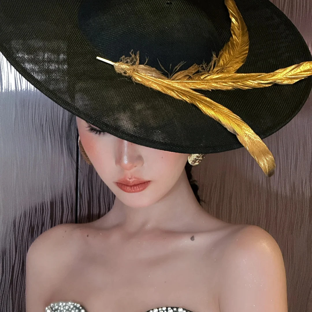 水舞B3100法式大帽檐黑色时尚晚宴礼服帽子度假风万圣节装饰帽子