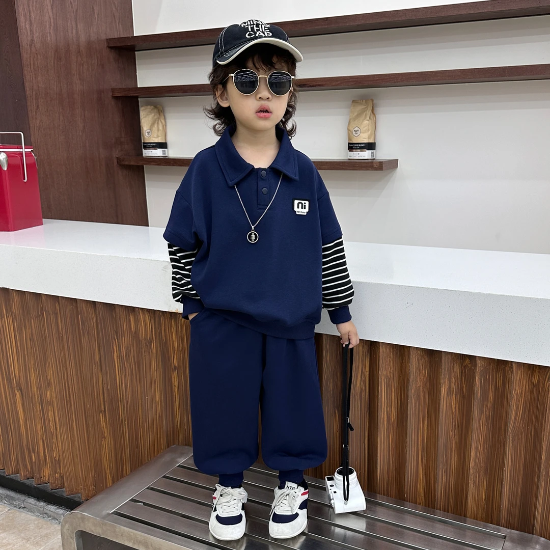 男童秋装套装2025新款春季洋气宝宝假两件POLO衫运动痞帅儿童衣服