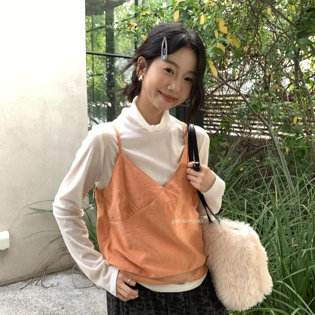 MZISTUDIO早春韩系叠穿净色吊带背心+半高领打底衫套装女157135