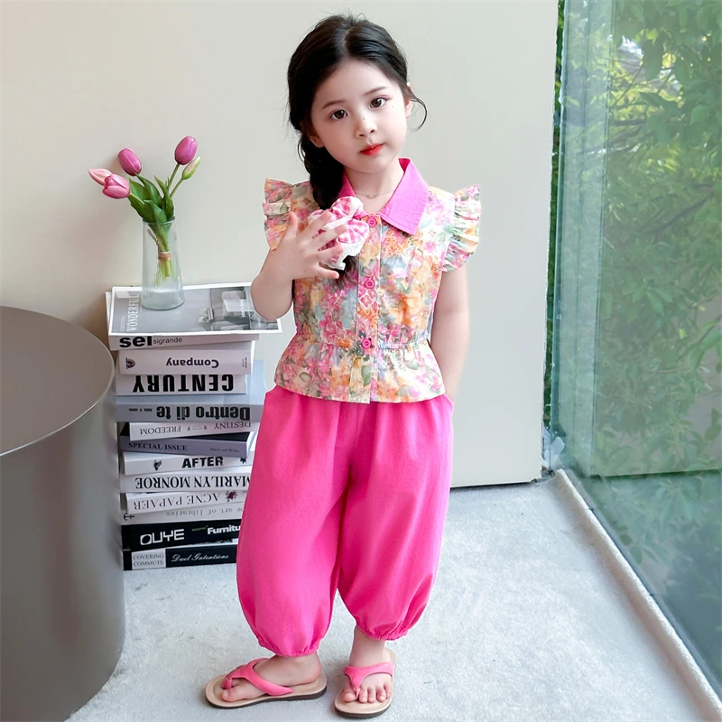 女童夏季套装新款洋气儿童碎花蝴蝶结飞袖上衣女宝宝防蚊裤两件套