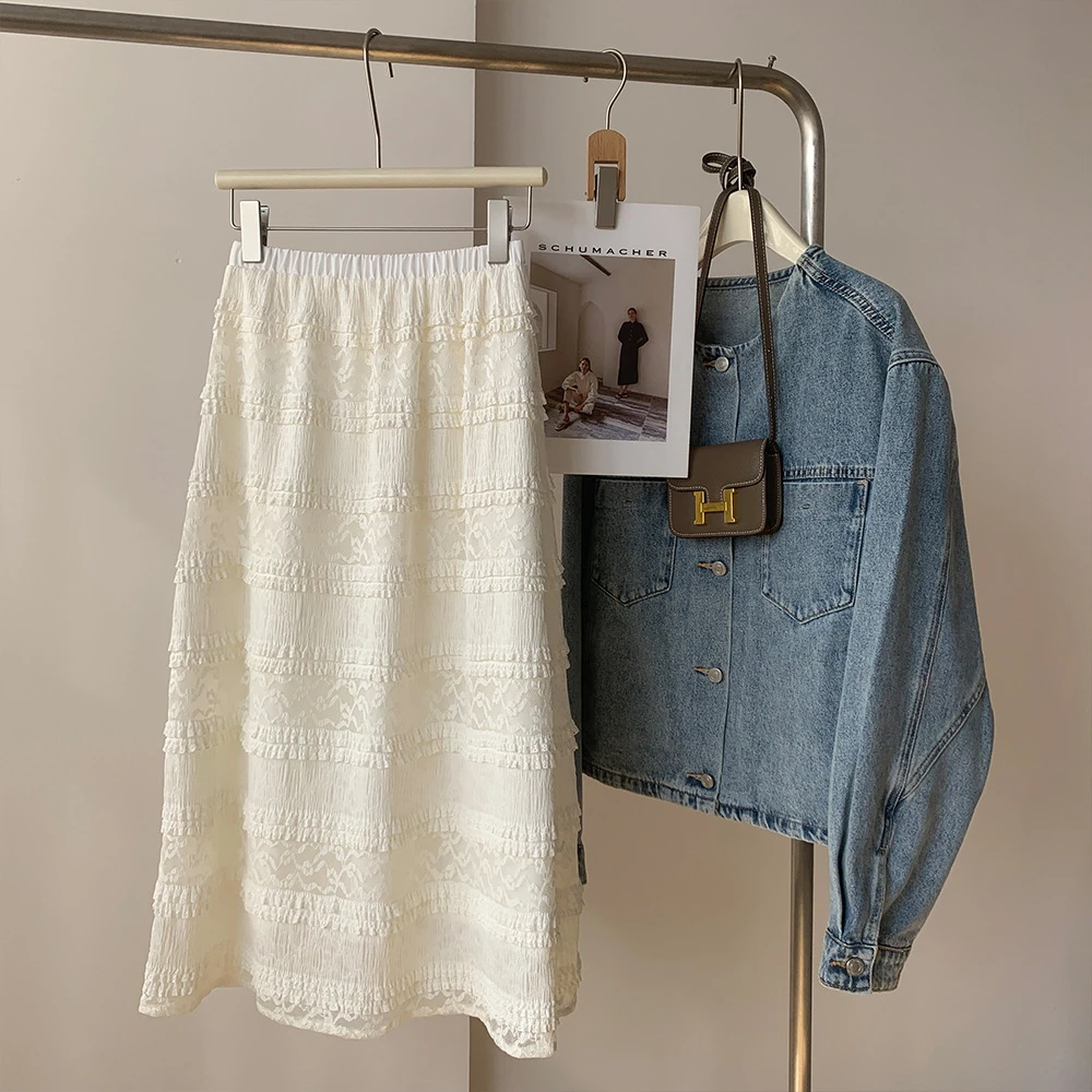 法式温柔气质蕾丝蛋糕裙女2025春季新款高腰百搭白色半身裙半裙