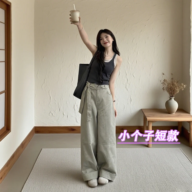 小个子牛仔长裤女高腰夏季牛仔裤灰绿色裤子宽松飘带美式设计感