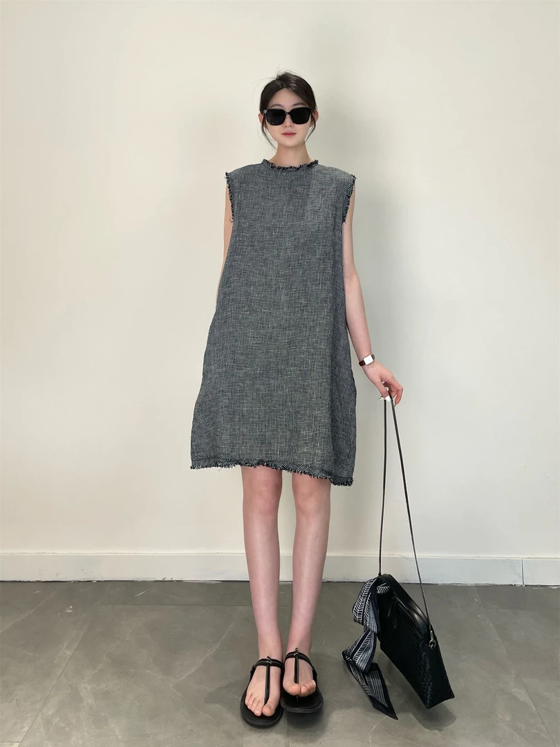 南鱼 100汉麻 色织超细支手工毛须边格子背心裙小个子亚麻连衣裙