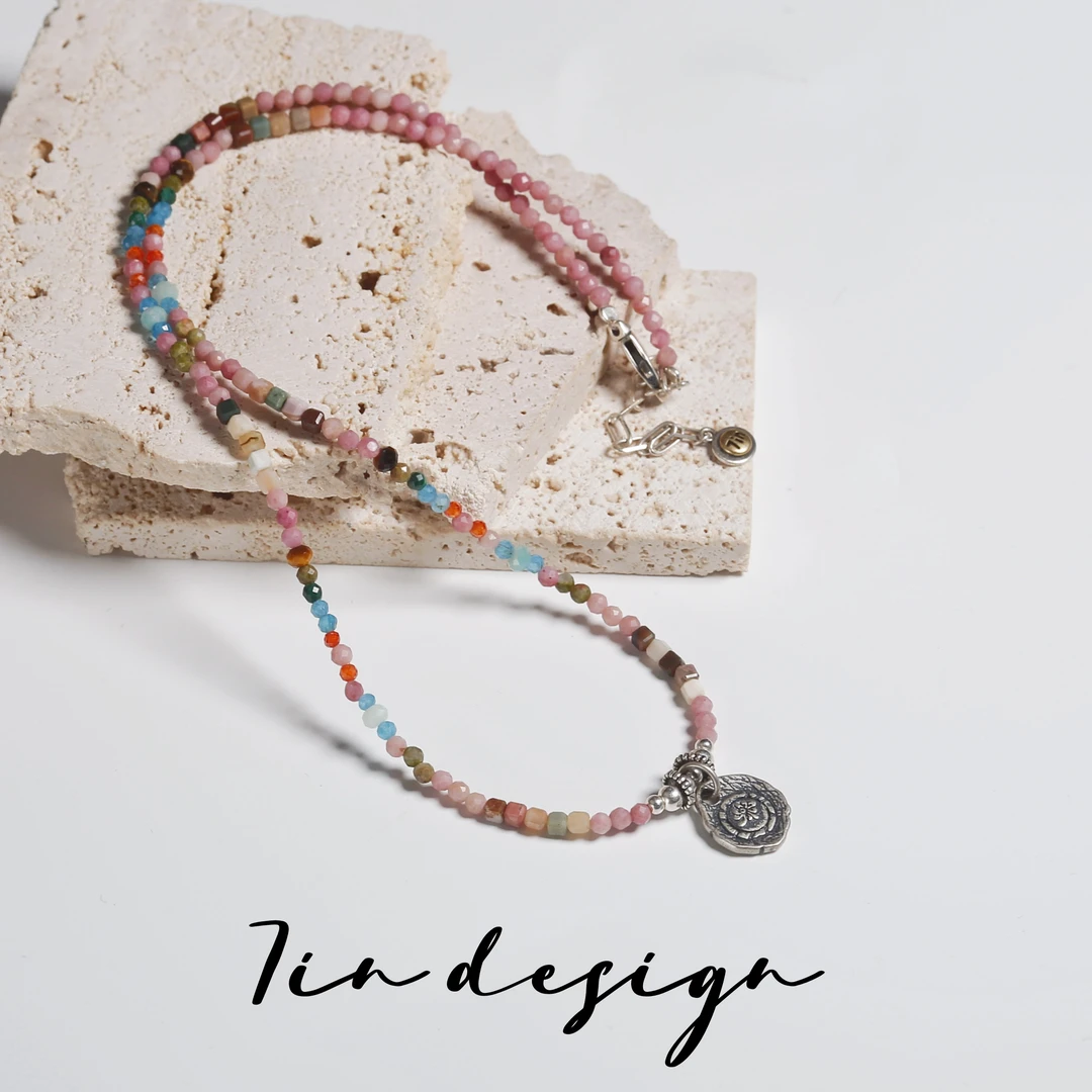 坠链均925银 7in【沐桃】原创小众设计复古粉色手作项链（40+5cm）