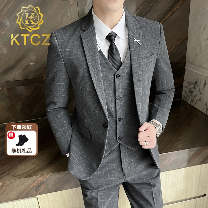 KTCZ西服套装男士三件套休闲商务正装修身结婚礼服格子西装男英伦