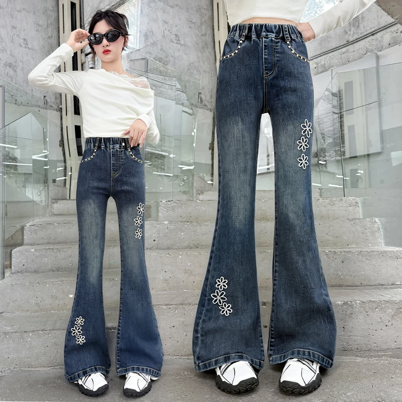 女童喇叭裤春秋季2025新款时髦百搭中大儿童弹力修身牛仔微喇裤子