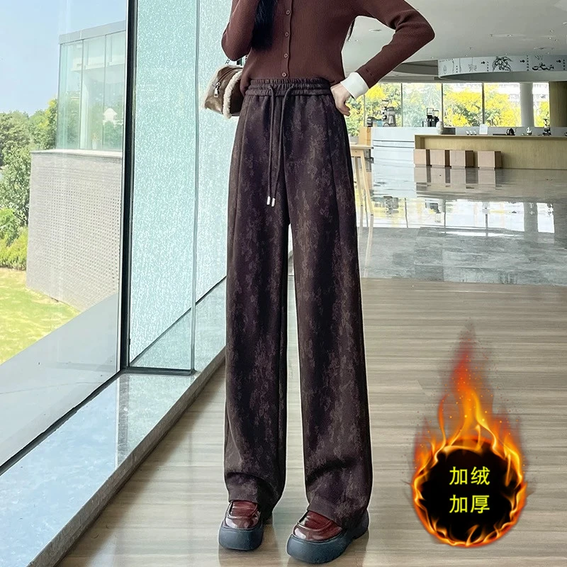 新中式绵羊毛提花加绒加厚高腰垂感阔腿裤女2024秋冬款休闲裤女