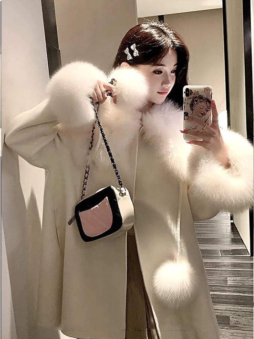 DayeeFur【酱香奶油】狐狸毛毛球双面羊毛大衣甜美海军领毛呢外套