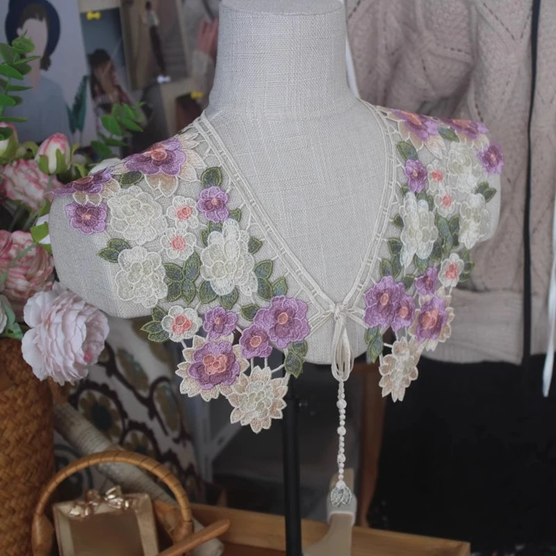 紫罗兰钩花蕾丝衣领花边春夏镂空云肩外搭小披肩女薄款装饰假领子